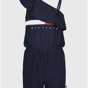 NWT. TOMMY HILFIGER BIG KIDS' ONE-SHOULDER FLAG STRIPE LOGO ROMPER